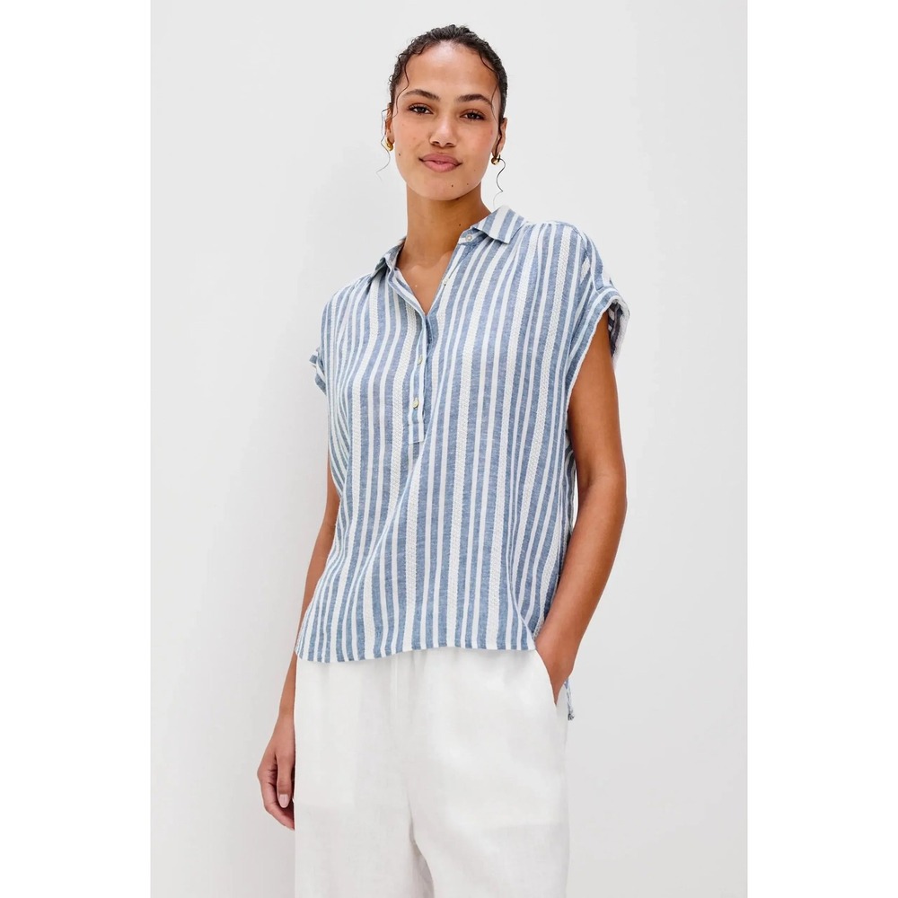 Rails Jalisco Blue White Striped Linen Blend Cap Sleeve Button Up Top XS